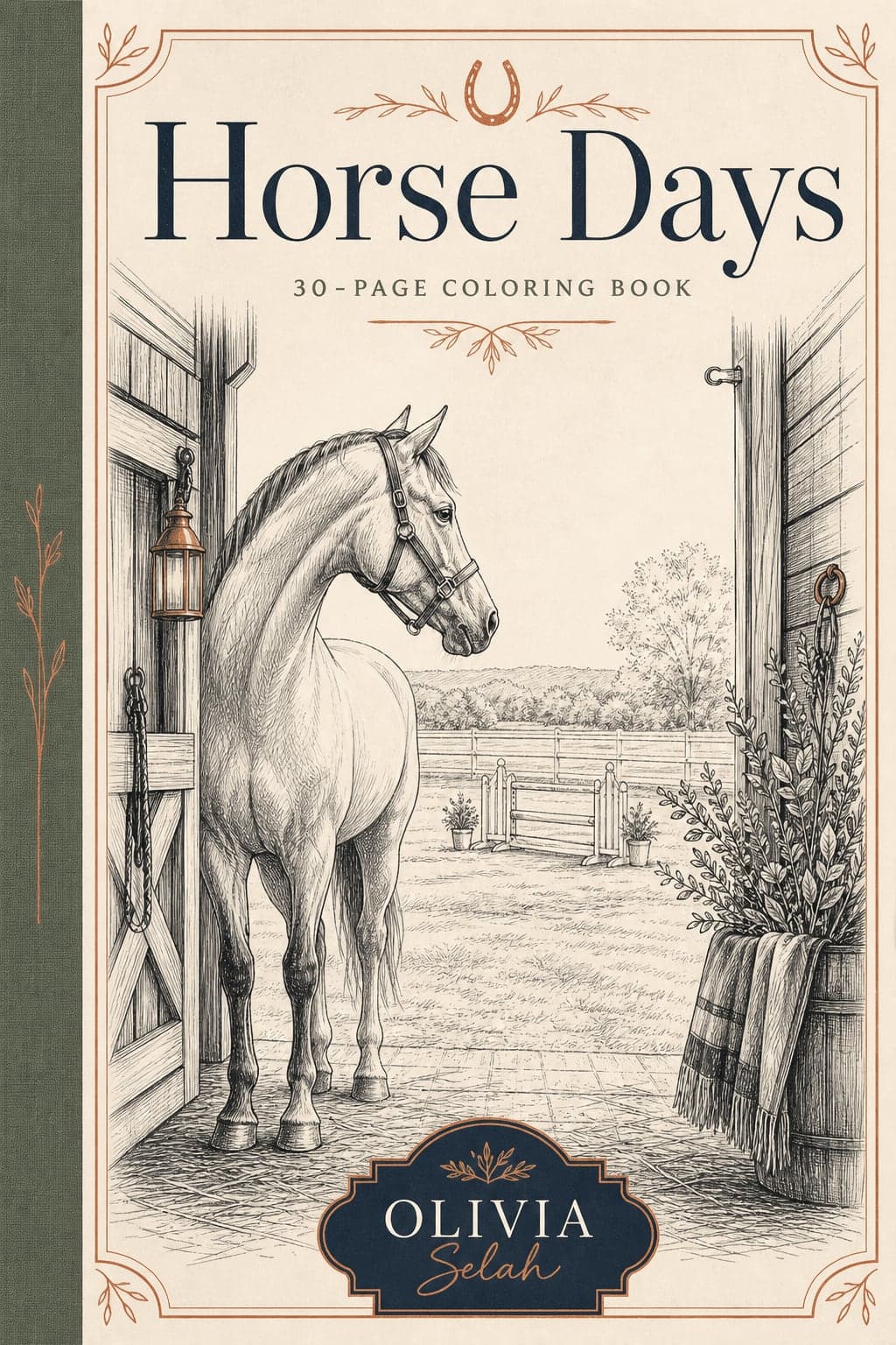 Horse Days coloring book cover: a horse in a barn doorway